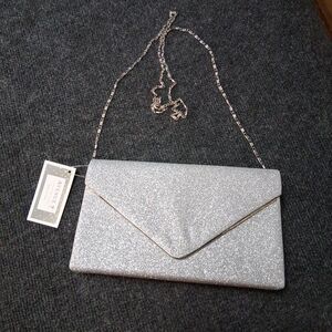 AVENUE 9 Silver Sparkle Flap Clutch Elegant Evening Party Handbag Prom  Glam